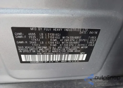 2016 Subaru Outback 2.5I Premium from USA, damaged, VIN 4S4BSACC1G3334623